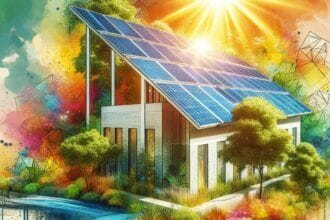 Un bâtiment moderne et écologique avec des panneaux solaires, entouré d'une végétation luxuriante et d'un soleil éclatant en arrière-plan.