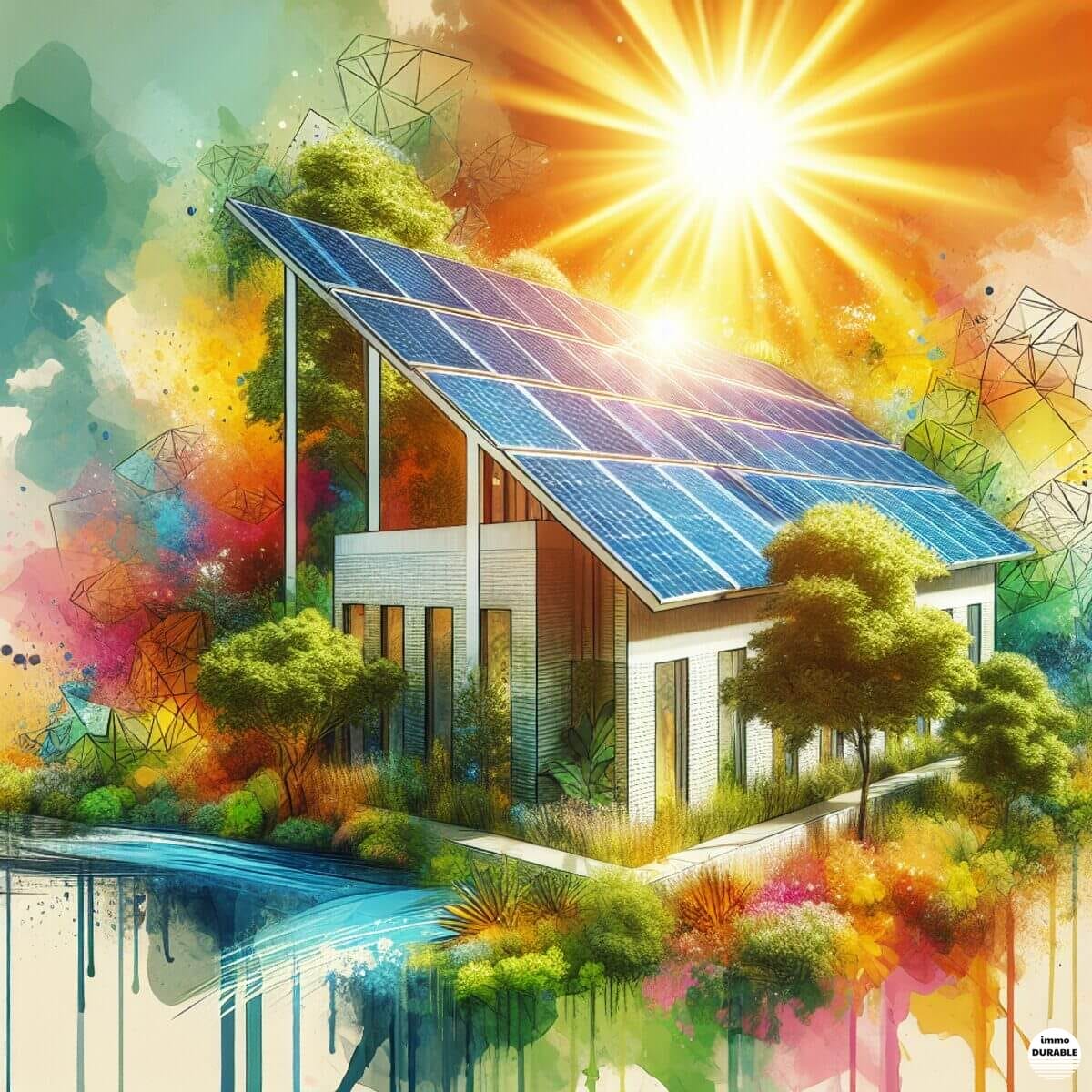 Un bâtiment moderne et écologique avec des panneaux solaires, entouré d'une végétation luxuriante et d'un soleil éclatant en arrière-plan.