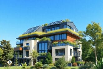 Un bâtiment moderne écologique avec des panneaux solaires et des toits verts, entouré d'une verdure luxuriante sous un ciel bleu clair, symbolisant...