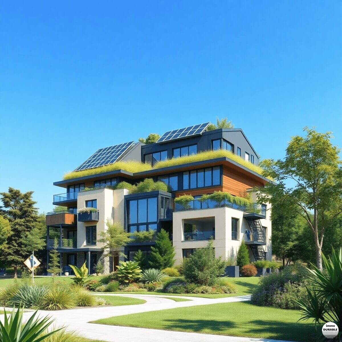 Un bâtiment moderne écologique avec des panneaux solaires et des toits verts, entouré d'une verdure luxuriante sous un ciel bleu clair, symbolisant...