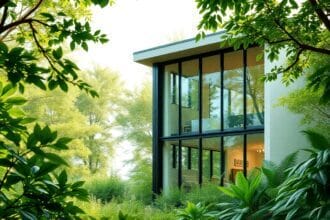 Un bâtiment moderne et durable avec de grandes fenêtres, entouré d'une verdure luxuriante, présentant un design écologique et un sentiment de tranq...