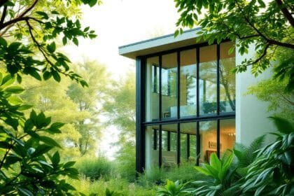 Un bâtiment moderne et durable avec de grandes fenêtres, entouré d'une verdure luxuriante, présentant un design écologique et un sentiment de tranq...