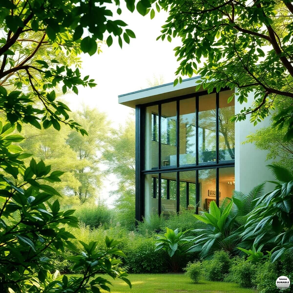 Un bâtiment moderne et durable avec de grandes fenêtres, entouré d'une verdure luxuriante, présentant un design écologique et un sentiment de tranq...