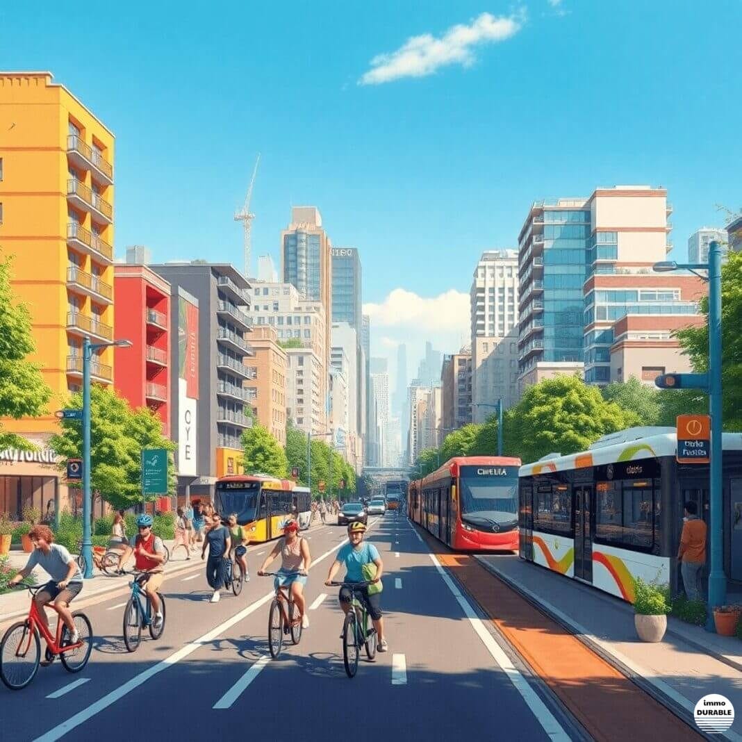 Un paysage urbain animé avec des bicyclettes, des piétons et des transports en commun, entouré d'espaces verts et de bâtiments modernes, mettant en...